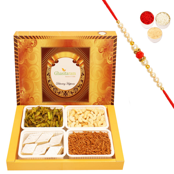 Big Box of Kaju Katli, Soya Sev, Cashew Shaped Biscuits and Palak Potato Chips with Beads Rakhi