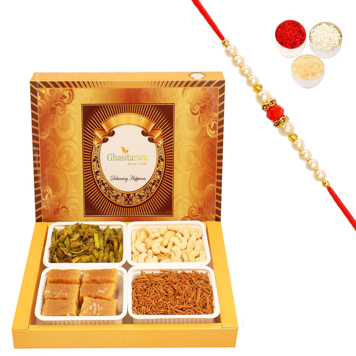 Big Box of Soft Mysore Pak, Soya Sev, Cashew Sahped Biscuits and Palak Potato Chips with Beads Rakhi