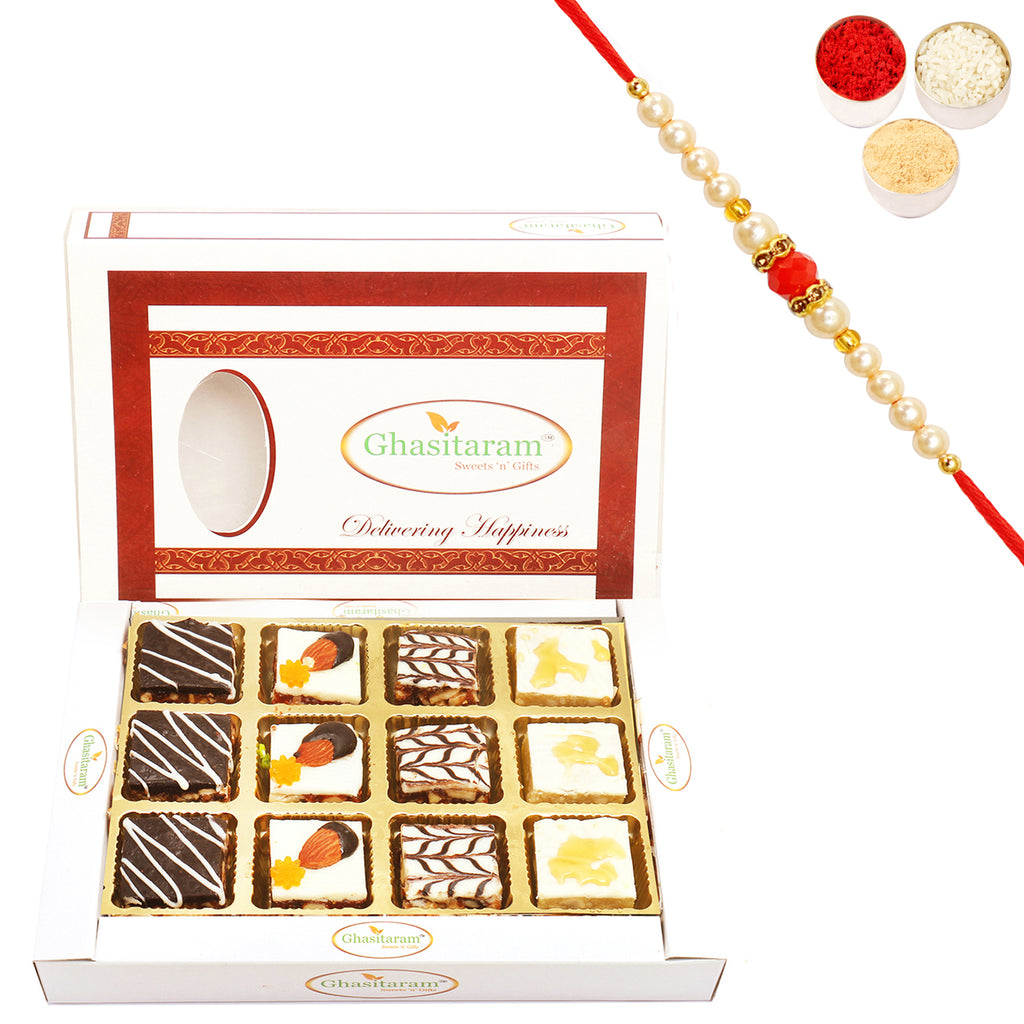 Assorted Chocolate Dryfruit Delight Sweets 12 pcs with Pearl Beads Rakhi