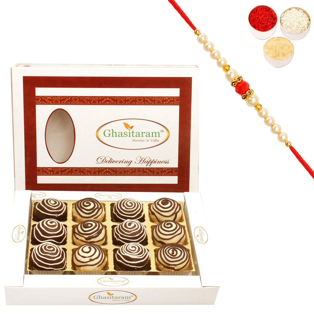 Chocolate Galaxy Cashew Laddoos in White box with Beads Rakhi