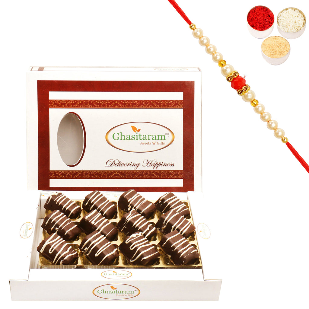 Chocolate Rectangle Cashew Bites in White Box with Beads Rakhi