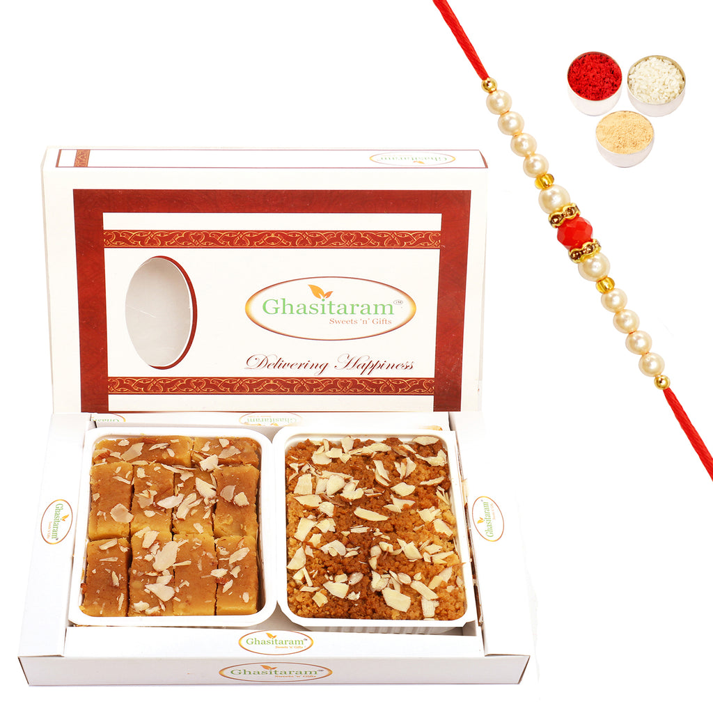 Mysore Pak and Milk Cake Hamper with Beads Rakhi