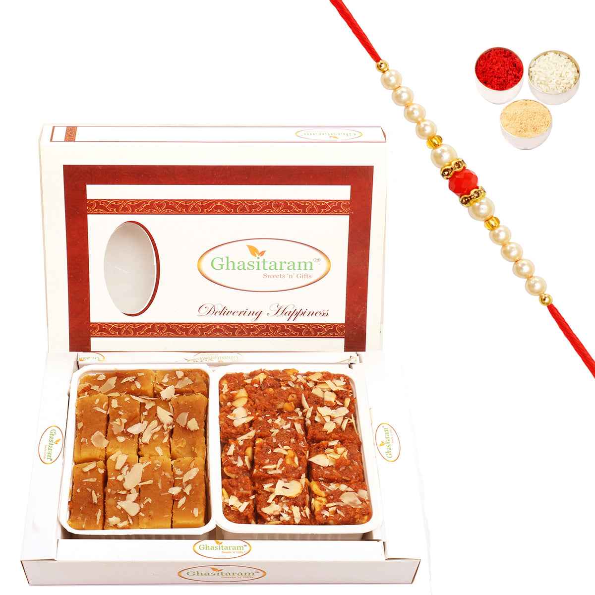 Mysore Pak and Dodha Barfi Hamper with Beads Rakhi