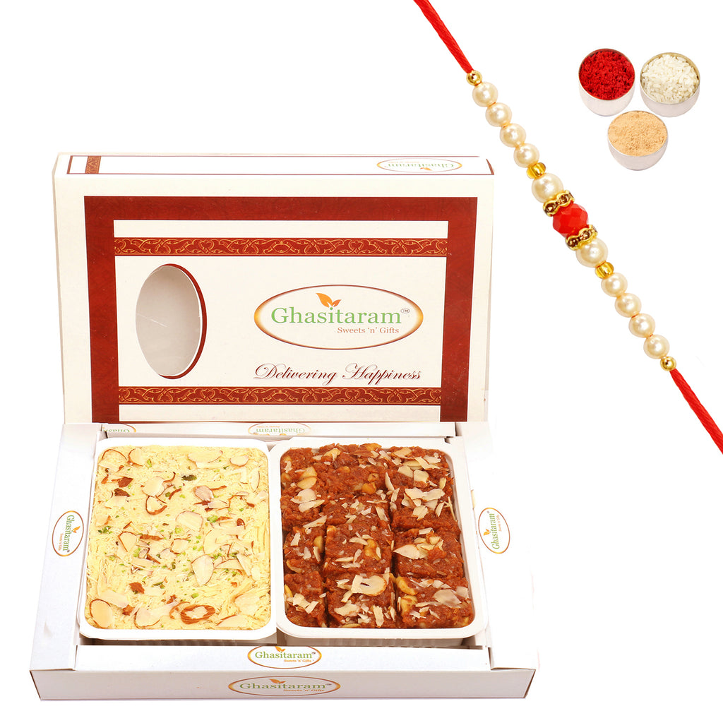 Dodha Barfi and Soan Papdi Hamper with Beads Rakhi