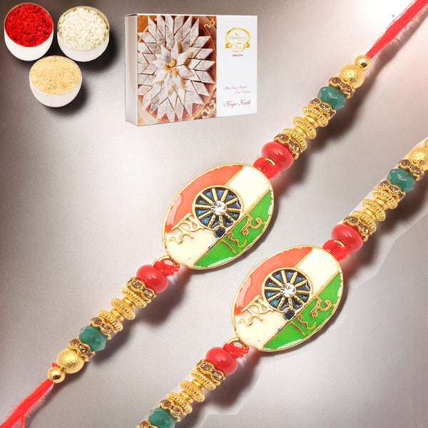 Rakhis Online USA- Set of 2 - 8278 Fancy Thread Rakhi with 200 gms of Kaju katli 