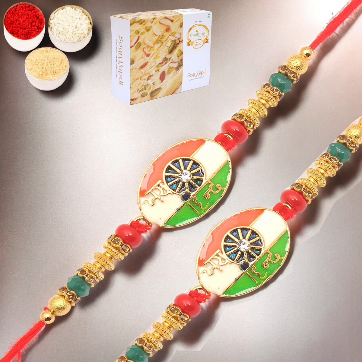 Rakhis Online UK-Set of 2 - 8278 Fancy Thread Rakhi with 200 gms Soan Papdi