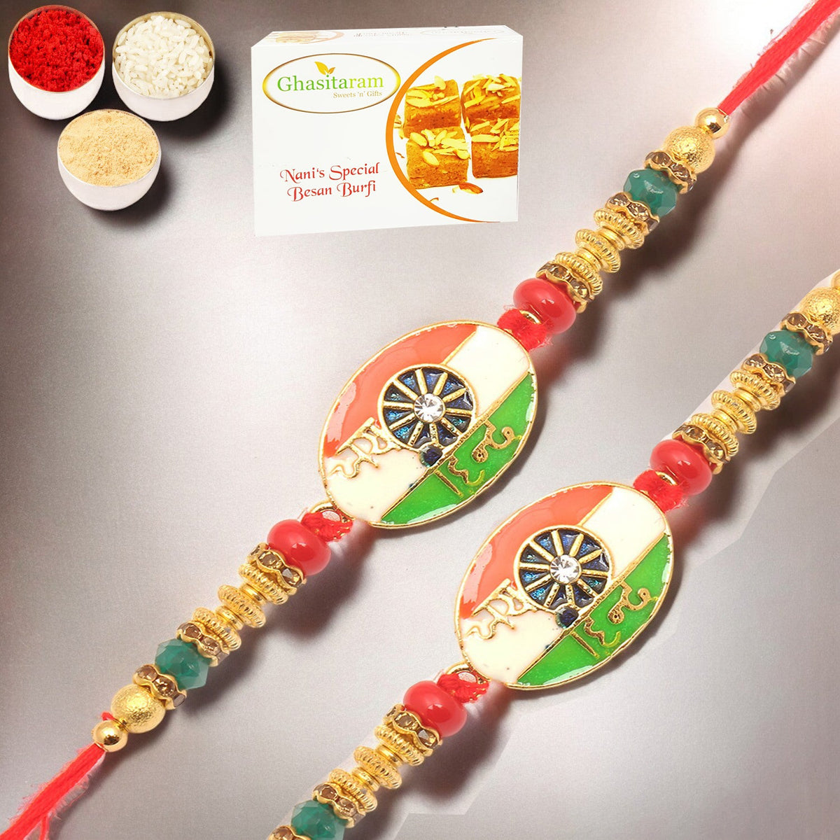 Rakhis Online Australia-  Set of 2 - 8278 Fancy Thread Rakhi with 200 gms Besan Barfi