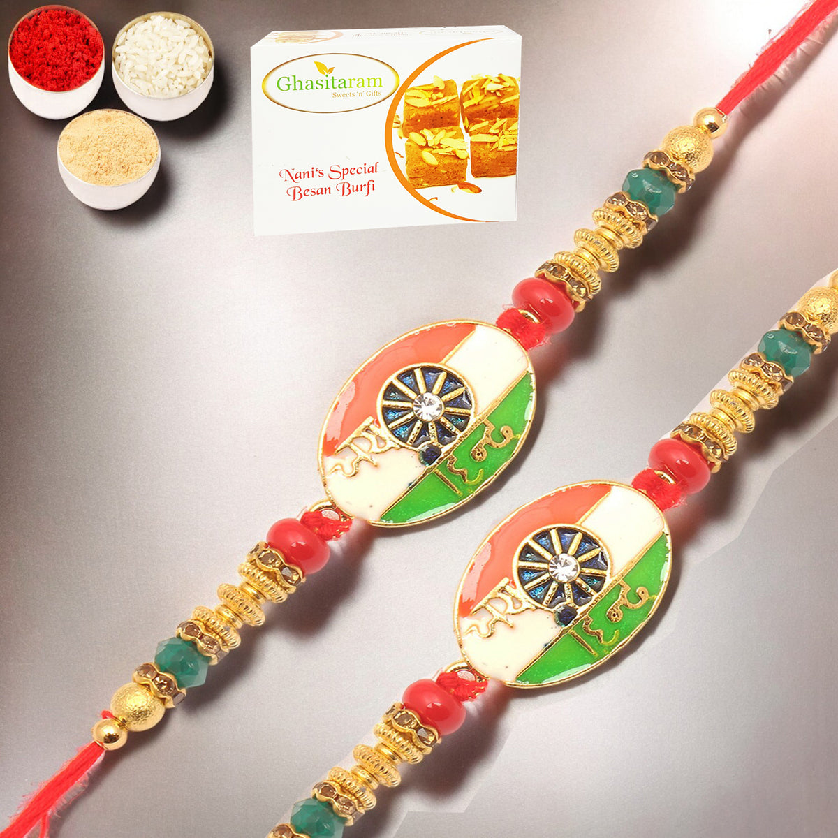 Rakhis Online USA-  Set of 2 - 8278 Fancy Thread Rakhi with 200 gms Besan Barfi