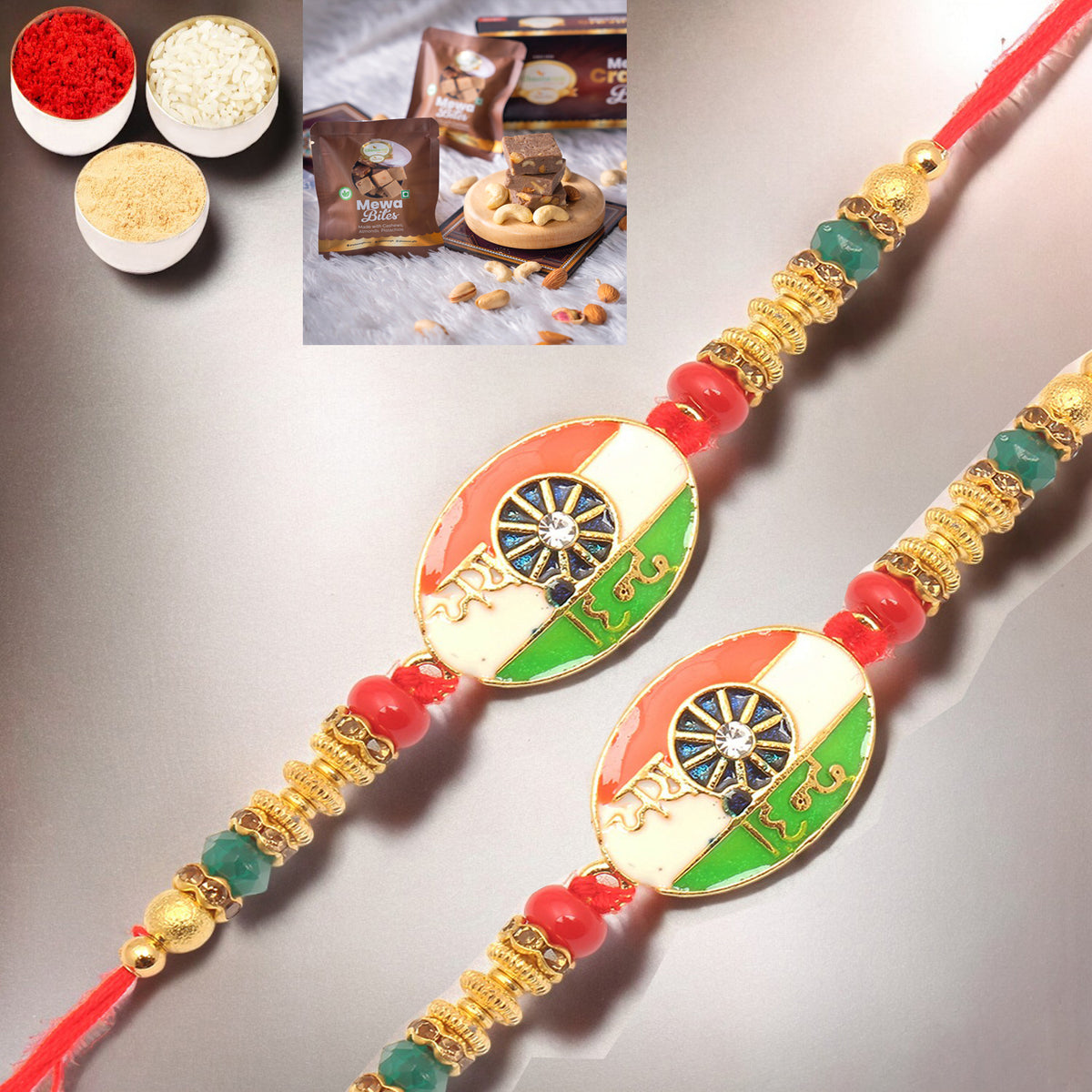 Rakhis Online UK-Set of 2 - 8278 Fancy Thread Rakhi with  Mewa Bites box
