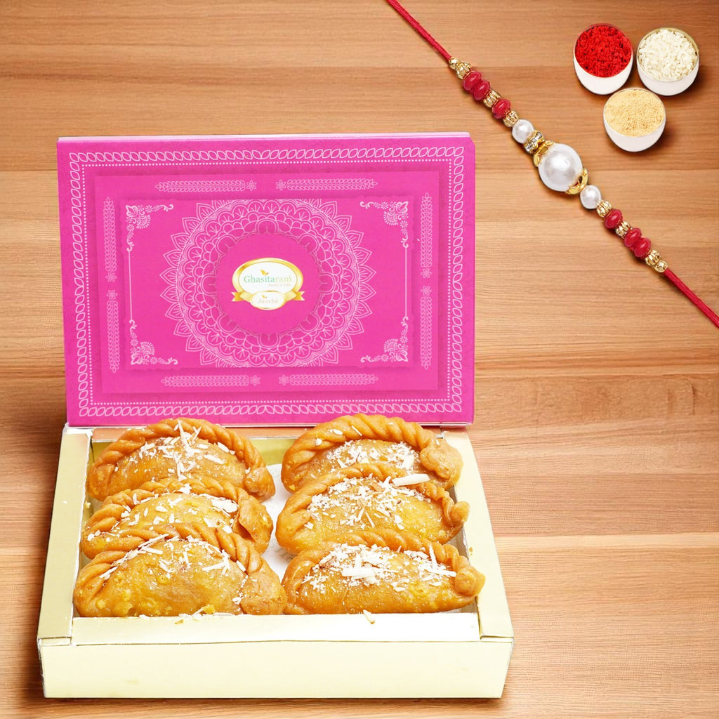Gujiya Box (200 gms) with Pearl Beads Rakhi
