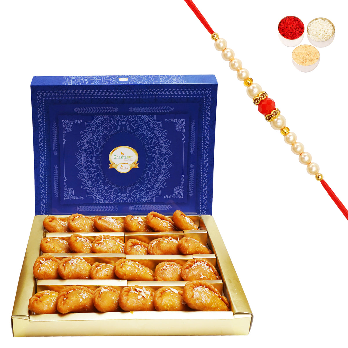 Gujiya Box (800 gms) with Beads Rakhi