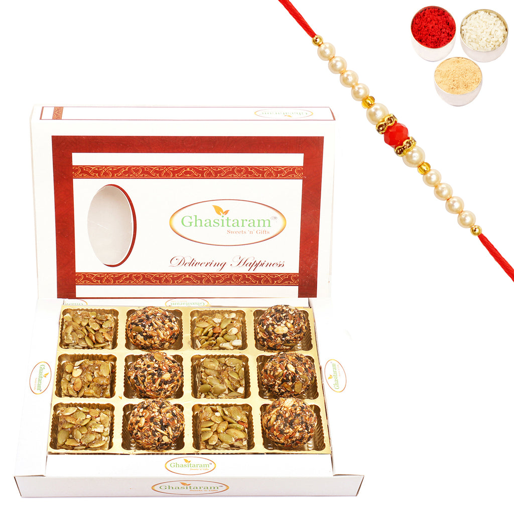 Assorted Healthy Seeds Sweets Box 12 pcs with Pearl Beads Rakhi