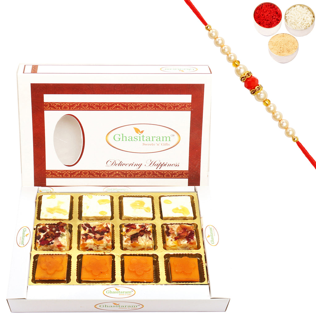 Choco Honey and Mango Delight Sweets 12 pcs with Pearl Beads Rakhi