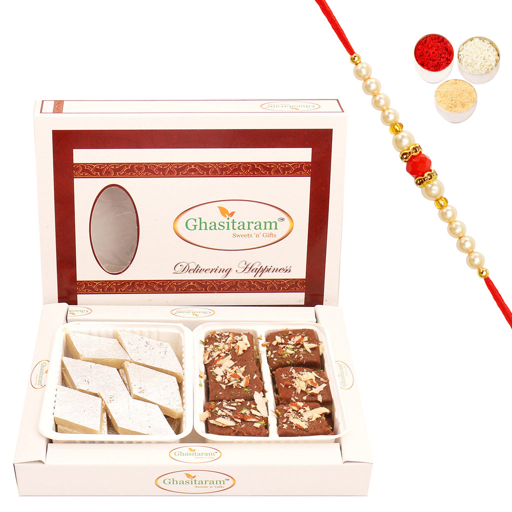 Box of Kaju Katli and Chocolate Mawa Barfi with Beads Rakhi