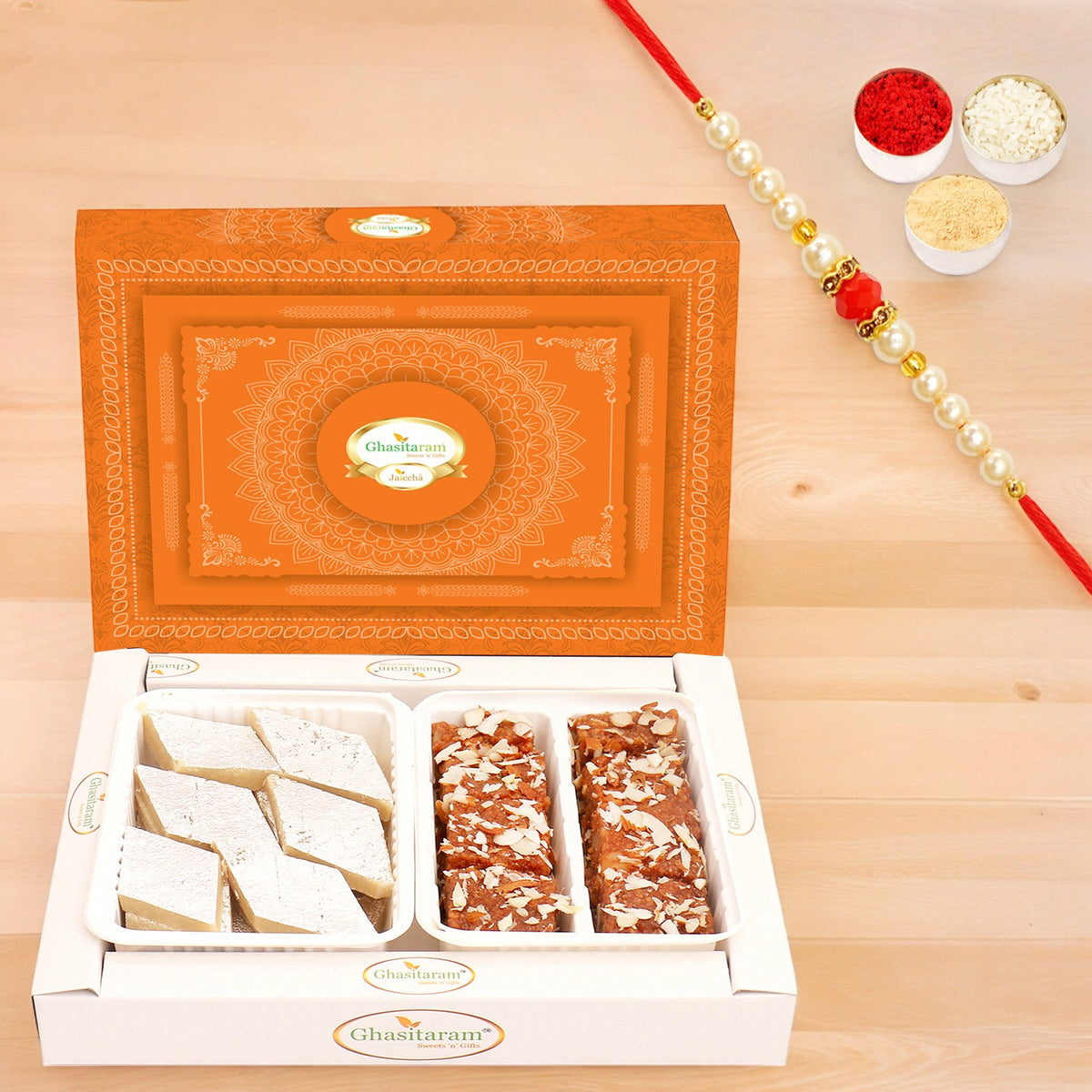 Box of Kaju Katli and Chocolate Mawa Barfi with Pearl Beads Rakhi