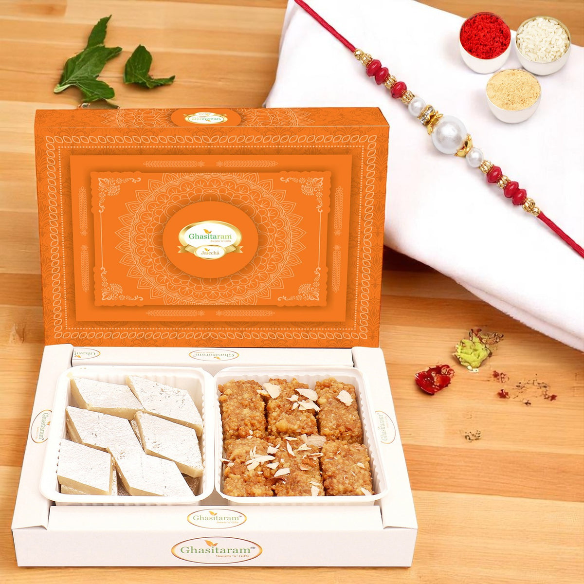 Box of Kaju Katli and Chocolate Mawa Barfi with Pearl Beads Rakhi