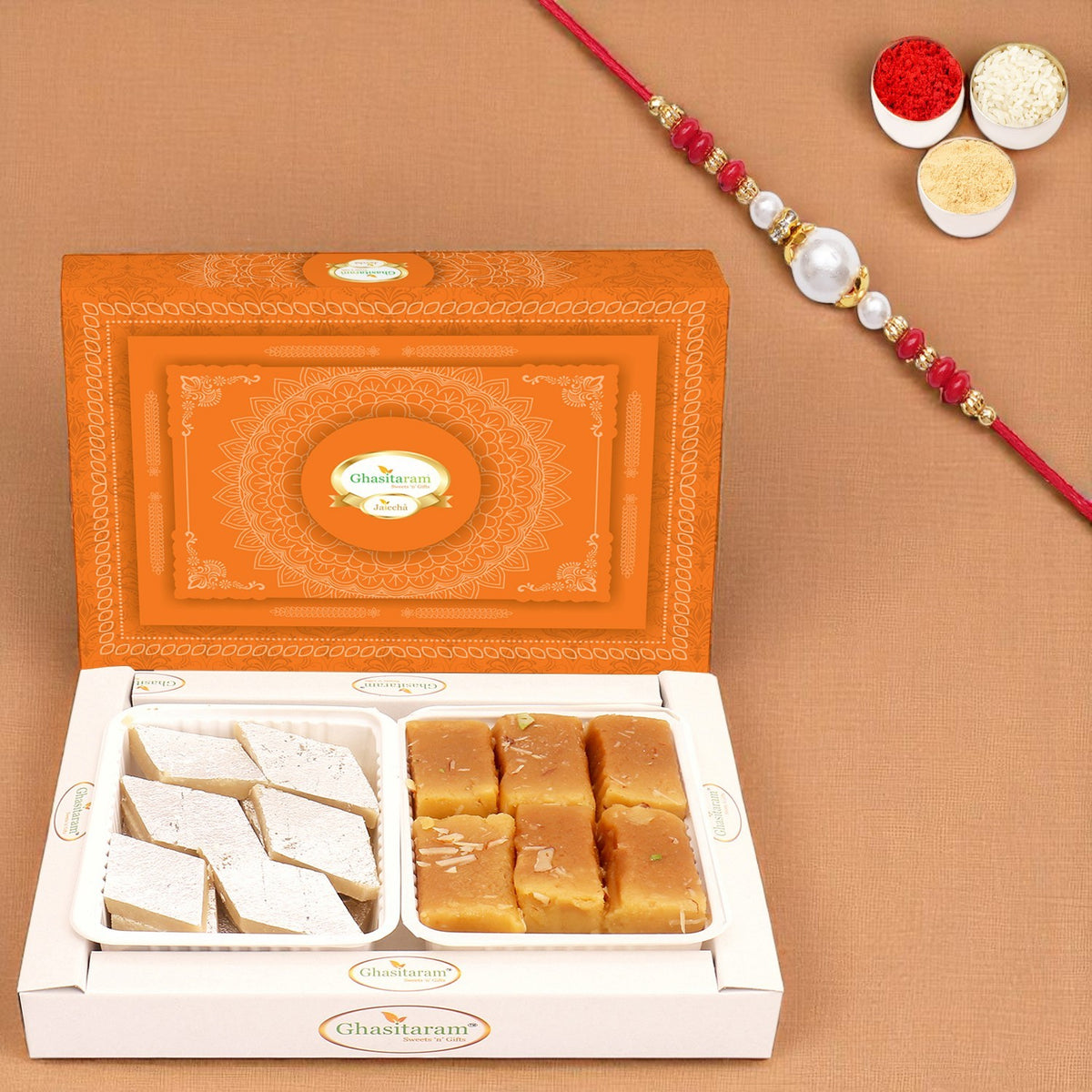 Box of Kaju Katli and Chocolate Mawa Barfi with Pearl Beads Rakhi