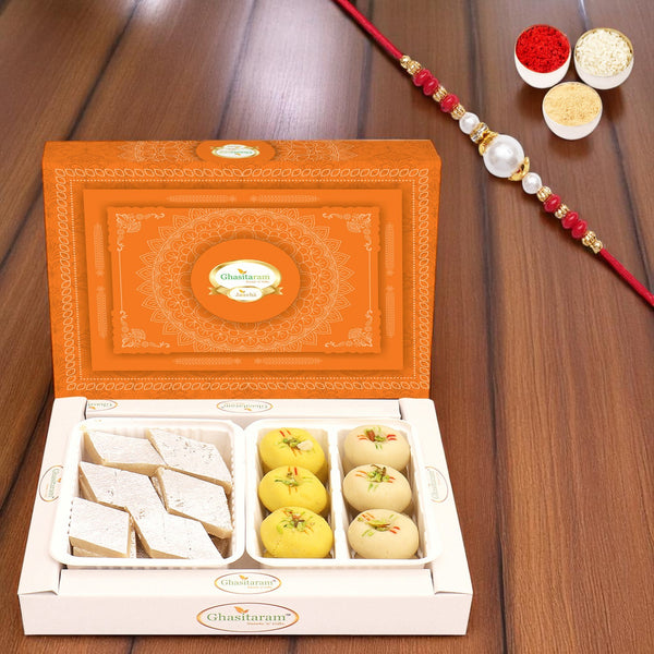 Box of Kaju Katli and Chocolate Mawa Barfi with Pearl Beads Rakhi