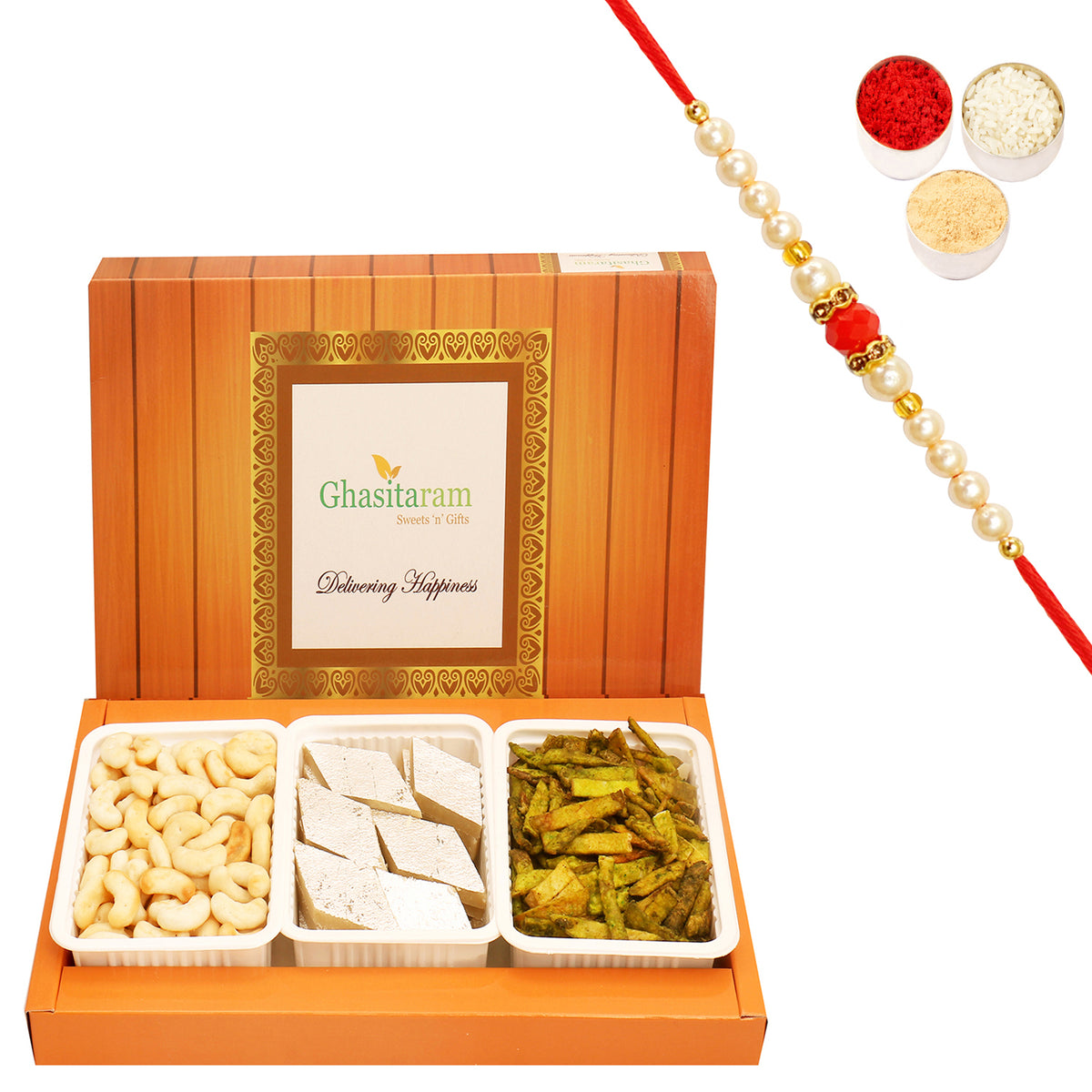 Assorted Box of Kaju Katli,Cashew Shaped Biscuits and Palak Potato Chips with Beads Rakhi