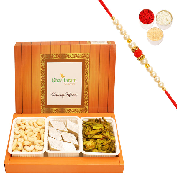 Assorted Box of Kaju Katli,Cashew Shaped Biscuits and Palak Potato Chips with Beads Rakhi