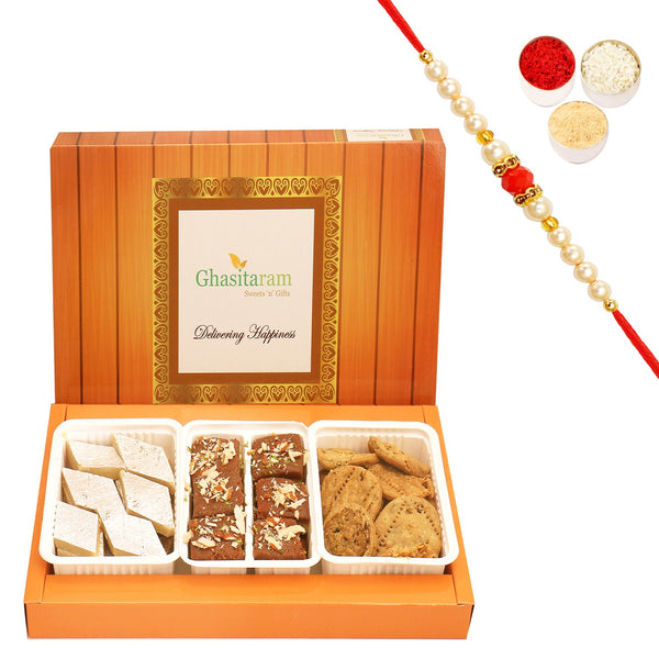 Assorted Box of Kaju Katli, Chocolate Mawa Barfi and Methi Mathi with Beads Rakhi