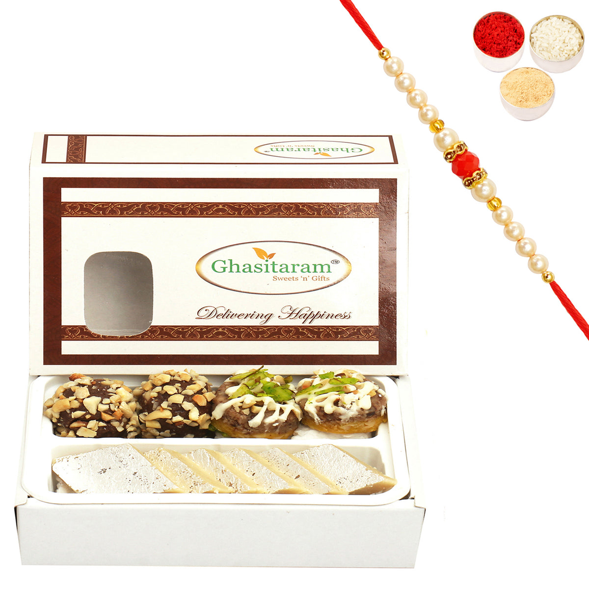 Kaju Katli & Dryfruit Sweets 200g Gift Box | Rakhi Hampers with Pearl Beads Rakhi | Rakshabandhan Gifts for Brother