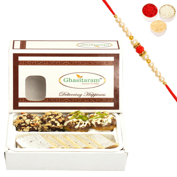 Kaju Katli & Dryfruit Sweets 200g Gift Box | Rakhi Hampers with Pearl Beads Rakhi | Rakshabandhan Gifts for Brother