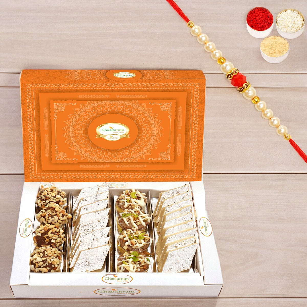 Kaju Katli & Dryfruit Sweets 200g Gift Box | Rakhi Hampers with Pearl Beads Rakhi | Rakshabandhan Gifts for Brother