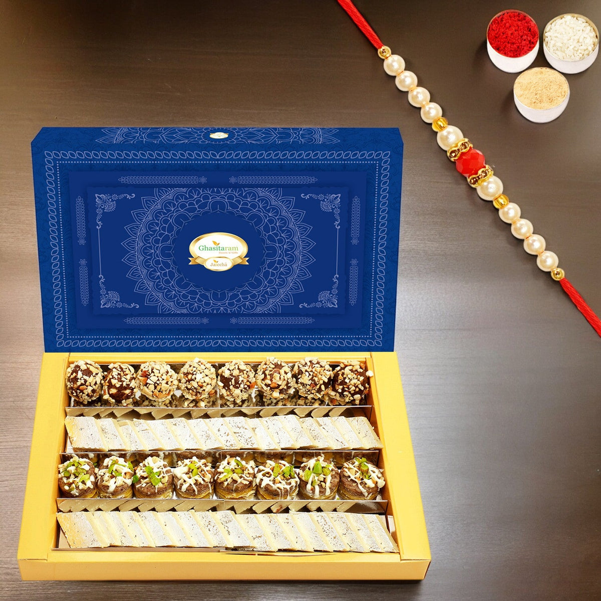 Kaju Katli & Dryfruit Sweets 200g Gift Box | Rakhi Hampers with Pearl Beads Rakhi | Rakshabandhan Gifts for Brother