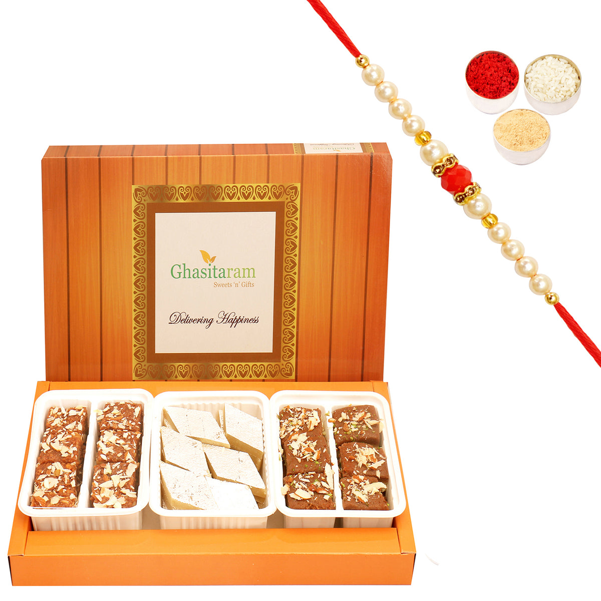 Assorted Box of Kaju Katli, Dodha Barfi and Chocolate Mawa Barfi with Beads Rakhi