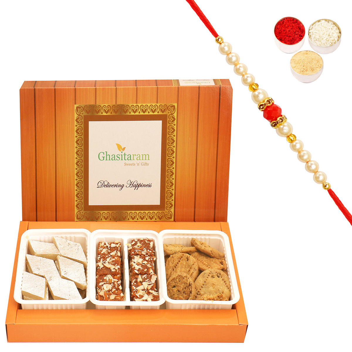 Assorted Box of Kaju Katli, Dodha Barfi and Methi Mathi with Beads Rakhi