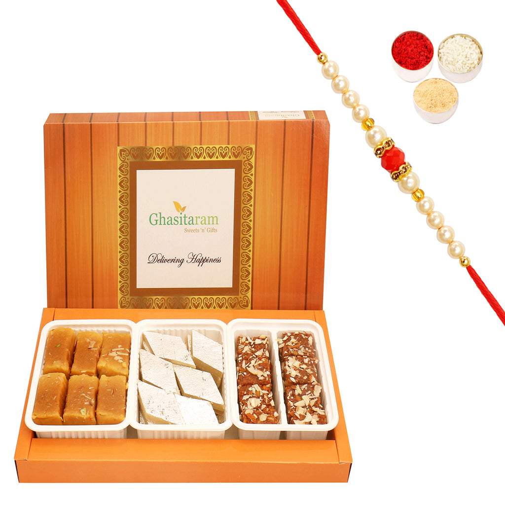 Assorted Box of Kaju Katli, Dodha Barfi and Soft Mysore Pak with Beads Rakhi