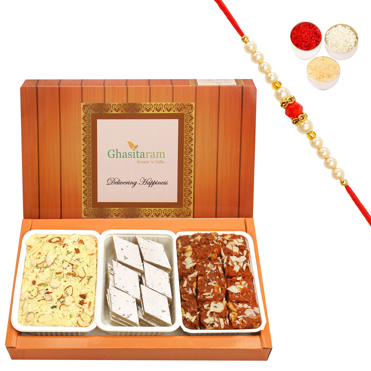 Kaju Katli, Dodha Barfi and Soan Papdi with Beads Rakhi