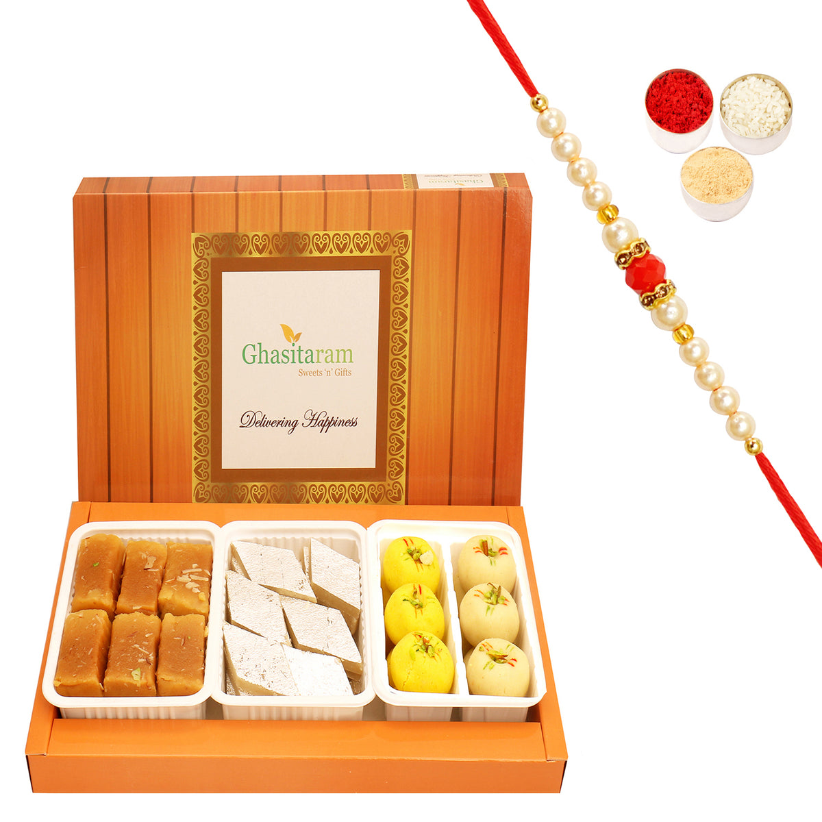 Assorted Box of Kaju Katli, Mawa Peda and Mysore Pak with Beads Rakhi
