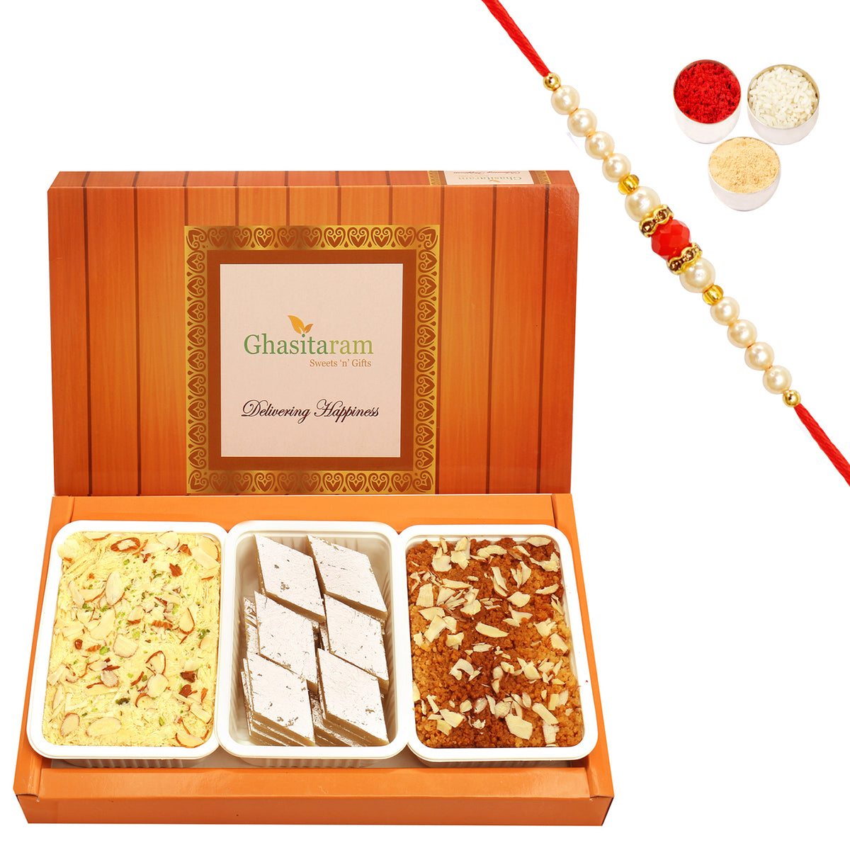 Kaju Katli, Milk Cake and Soan Papdi with Beads Rakhi