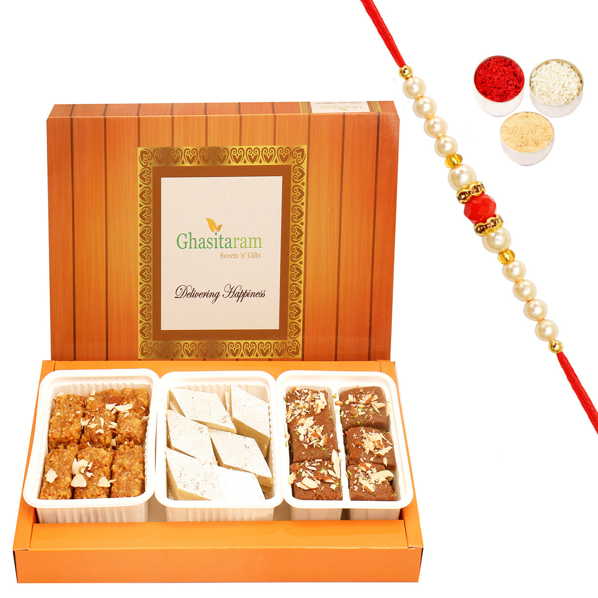 Assorted Box of Kaju Katli, Milk Cake and Chocolate Mawa Barfi with Beads Rakhi