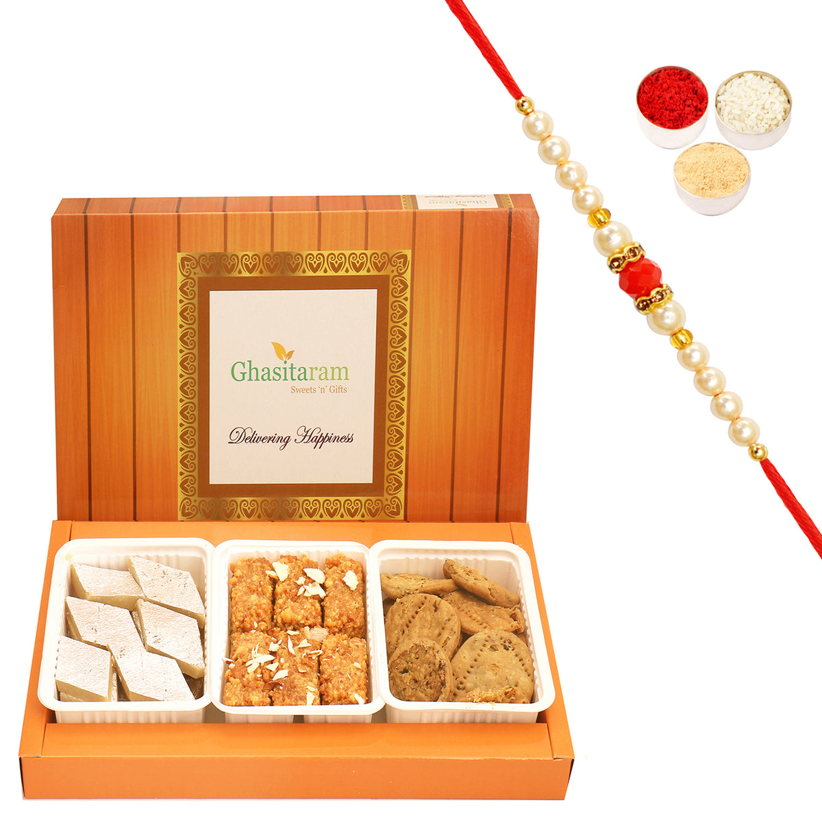 Assorted Box of Kaju Katli, Milk Cake and Methi Mathi with Beads Rakhi