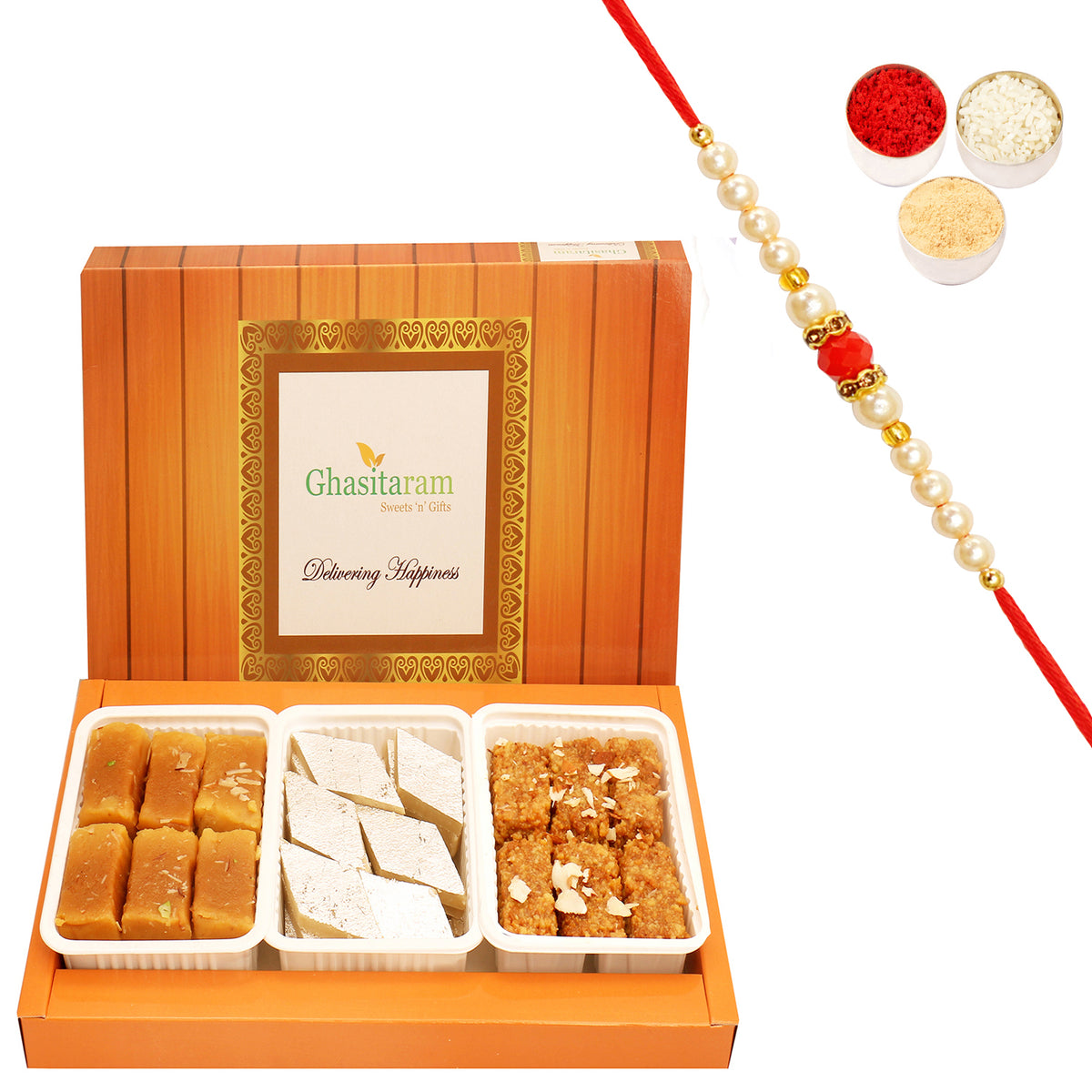 Assorted Box of Kaju Katli, Milk Cake and Soft Mysore Pak with Beads Rakhi