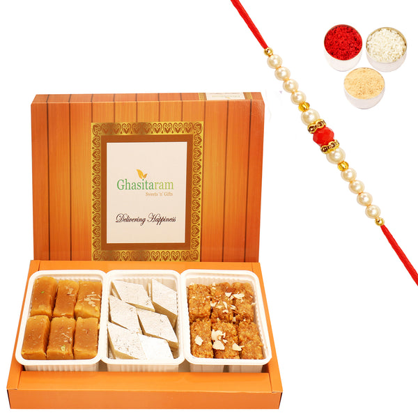 Assorted Box of Kaju Katli, Milk Cake and Soft Mysore Pak with Beads Rakhi