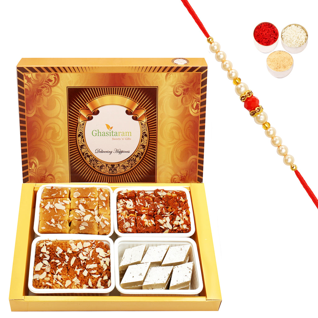 Big Box of Kaju Katli, Mysore Pak, Dodha Barfi and Milk Cake with Beads Rakhi