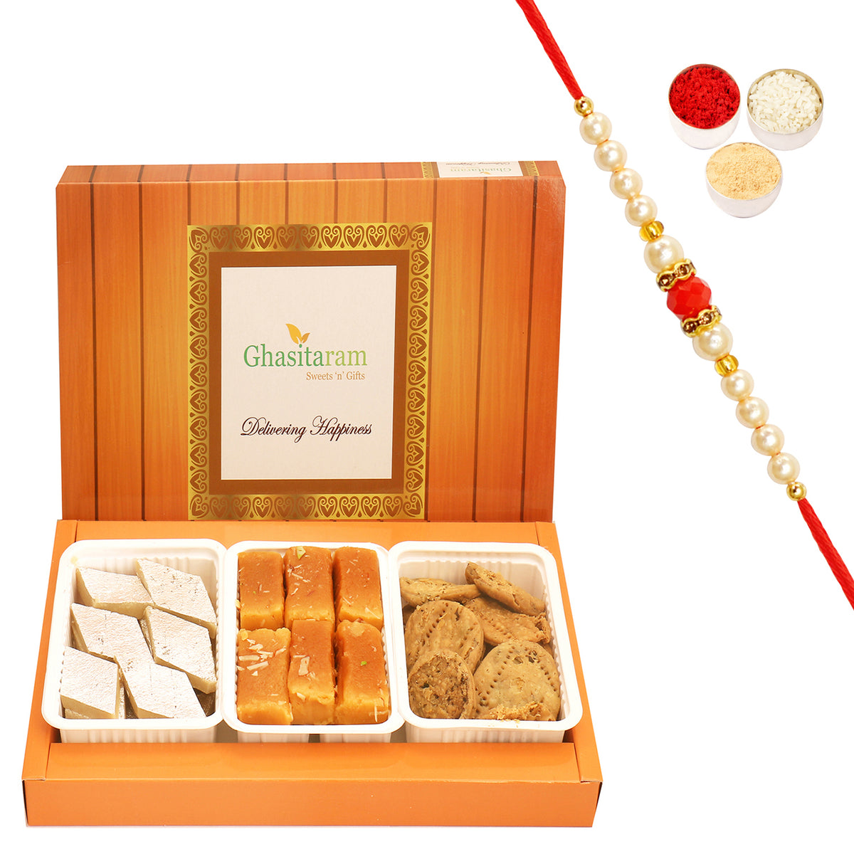 Assorted Box of Kaju Katli, Mysore Pak and Methi Mathi with Beads Rakhi