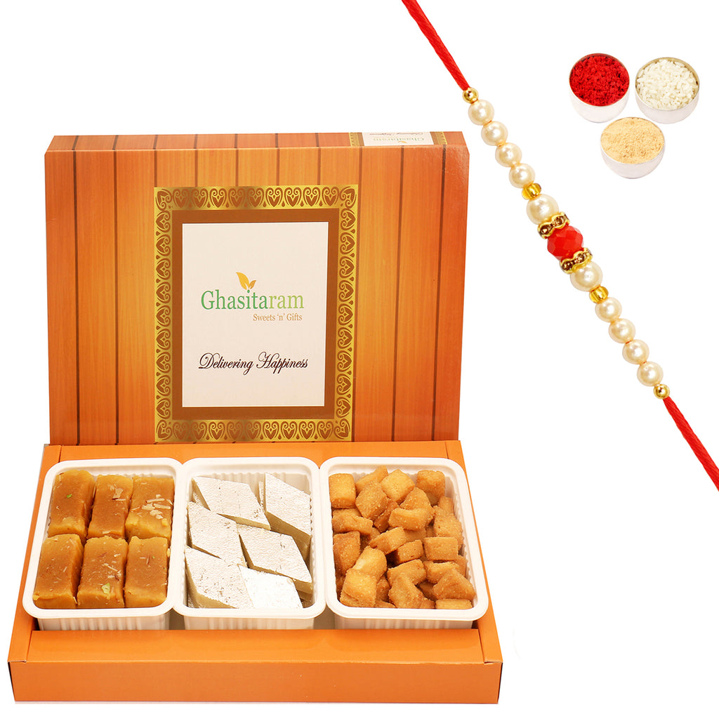 Assorted Box of Kaju Katli, Soft Mysore Pak and Shakar Pada with Beads Rakhi