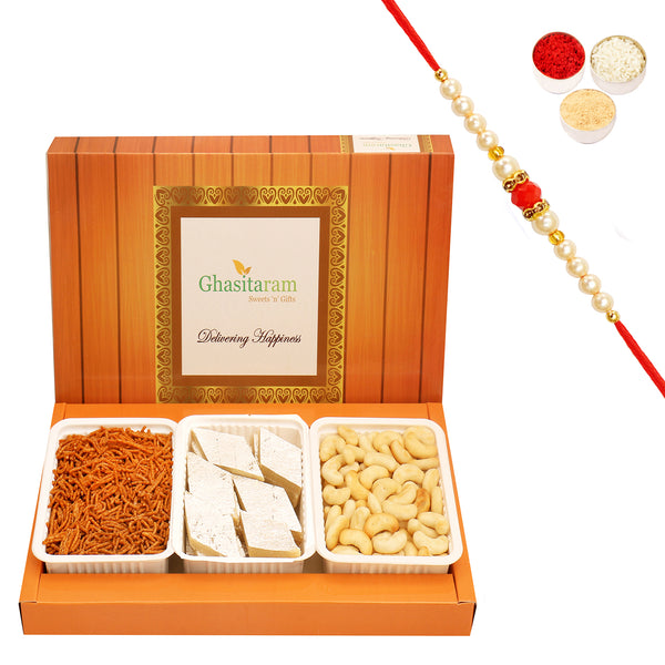 Assorted Box Kaju Katli, Soya Sev and Cashew Shaped Biscuits with Beads Rakhi