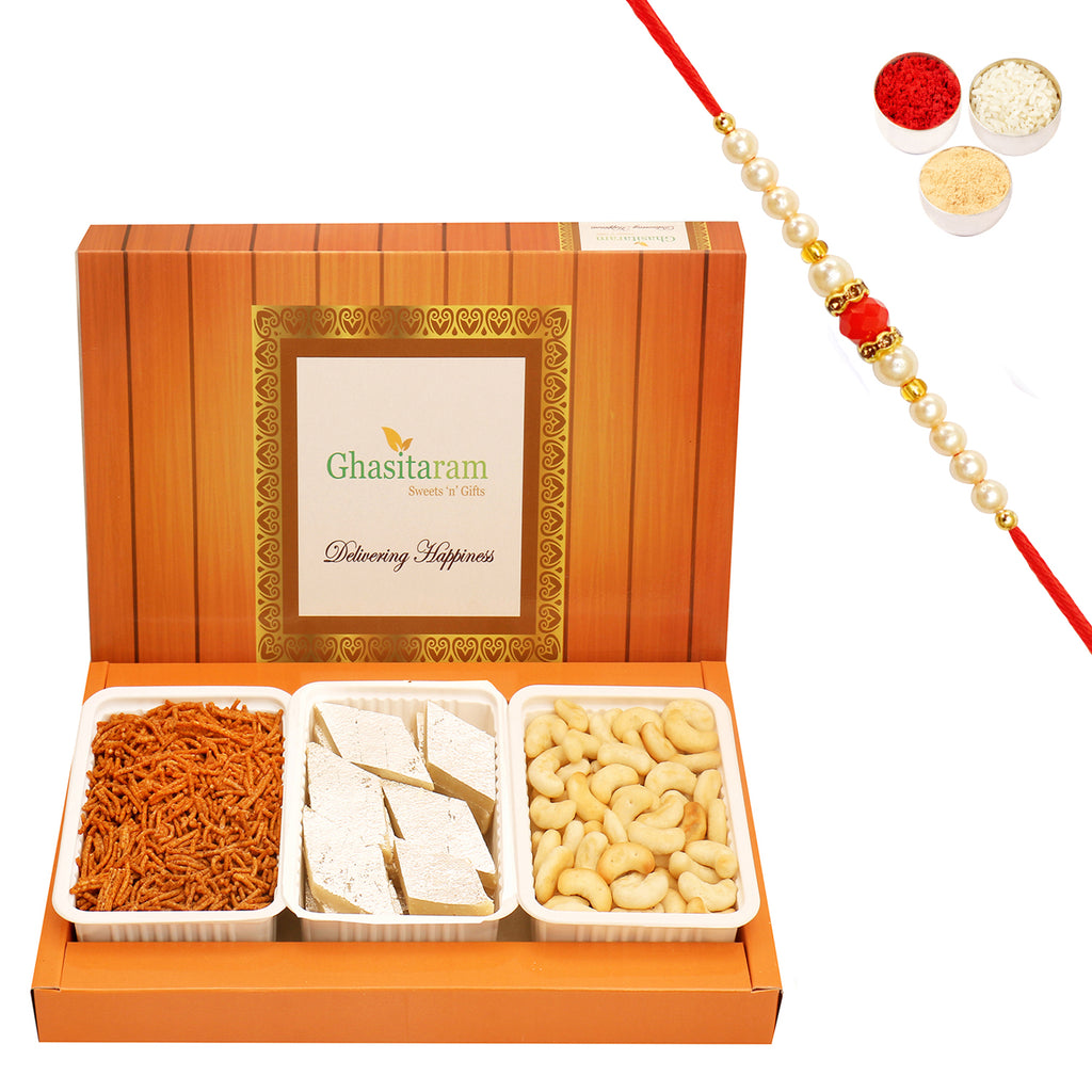 Assorted Box Kaju Katli, Soya Sev and Cashew Shaped Biscuits with Beads Rakhi