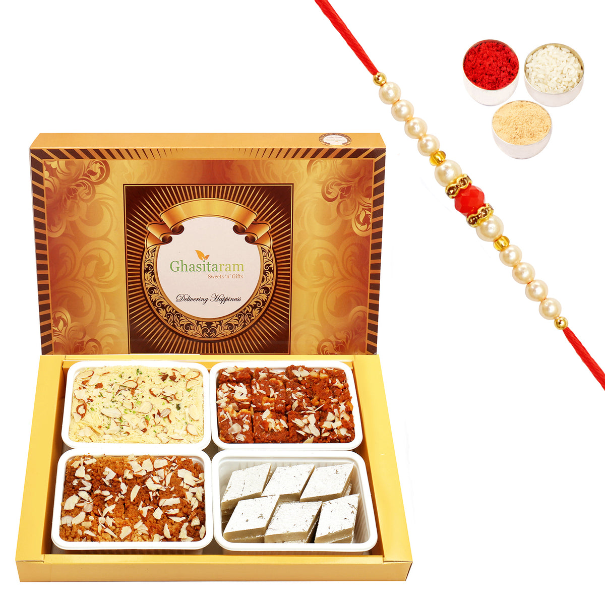 Big Box of Kaju Katli, Soan Papdi, Dodha Barfi and Milk Cake with Beads Rakhi