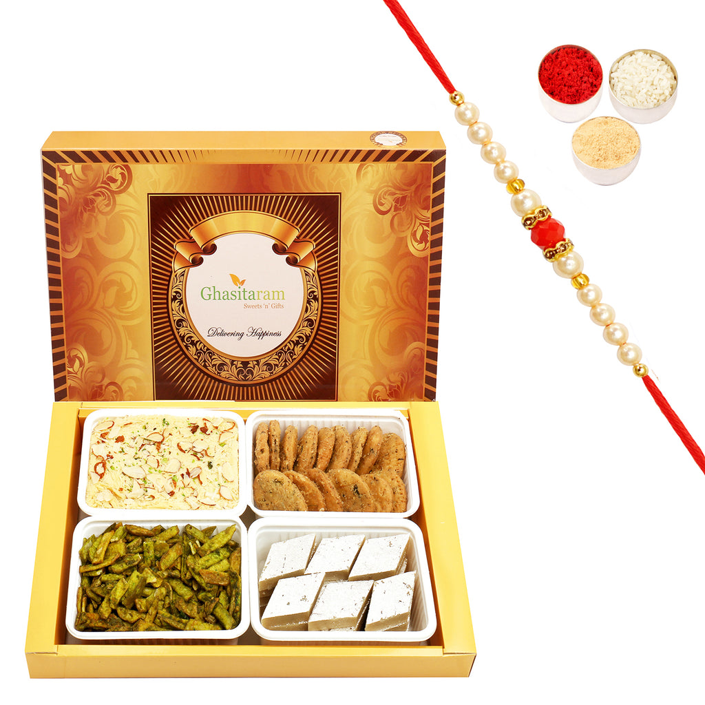 Big Box of Kaju Katli, Soan Papdi, Methi Mathi and Potato Palak Chips with Beads Rakhi