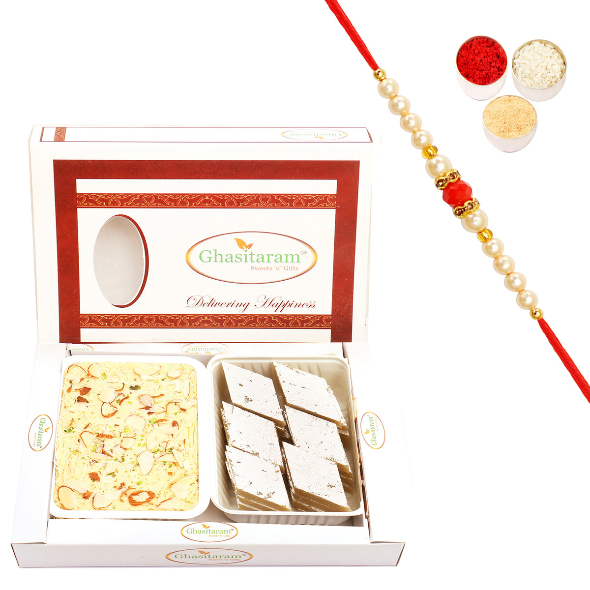 Kaju Katli and Soan Papdi Hamper with Beads Rakhi
