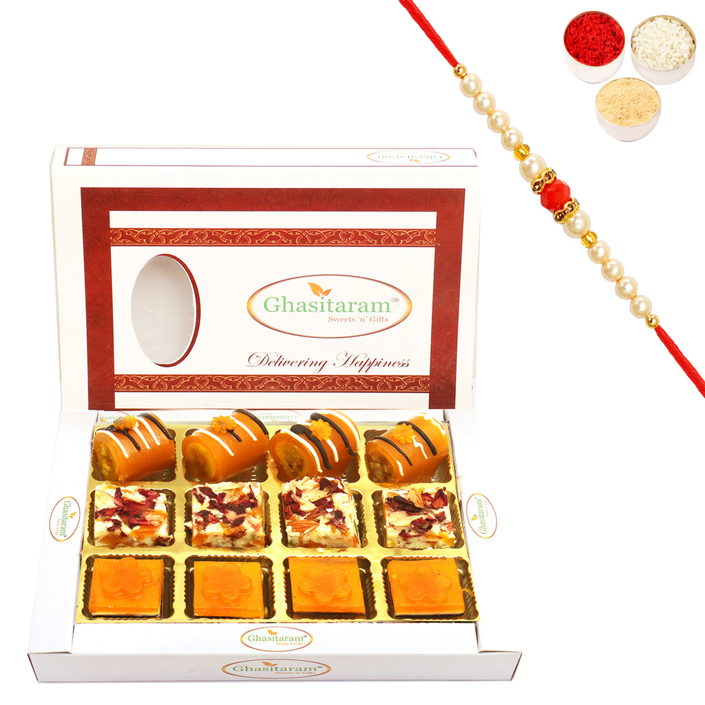 Assorted Mango Delight Sweets 12 pcs with Pearl Beads Rakhi