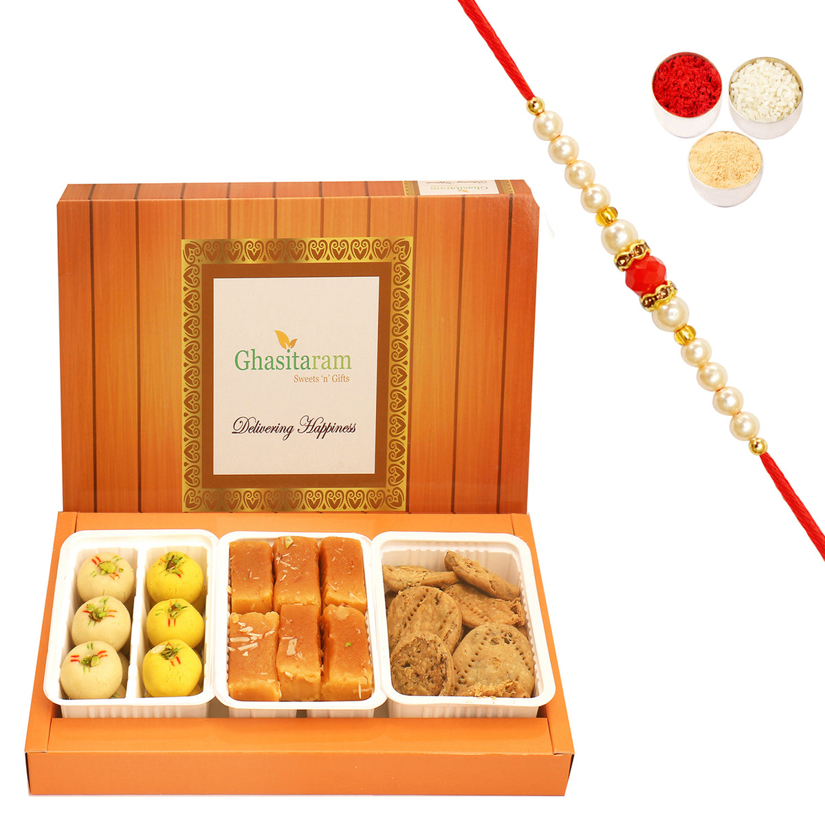 Assorted Box of Mawa Peda; Mysore Pak and Methi Mathi with Beads Rakhi