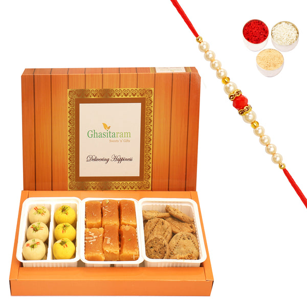 Assorted Box of Mawa Peda; Mysore Pak and Methi Mathi with Beads Rakhi